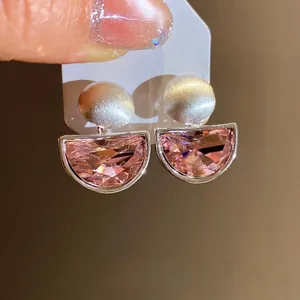 Retro semi-circular pink crystal pendant earrings with elegant matte silver ball studs