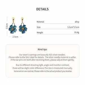 Detail view of blue enamel flower drop earrings with size and material specs.