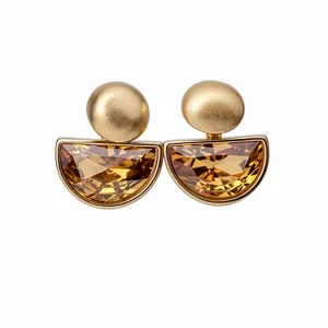 Vintage gold-finished clip-on earrings with amber semicircular crystal pendant detail