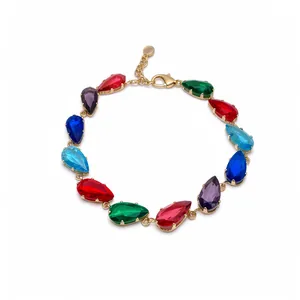 Vibrant colorful teardrop zircon bracelet with gold-plated link chain and lobster clasp.