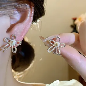 Korean Elegant Hollow Flower Freshwater Pearl Stud Earrings With 925 Sterling Silver Earring Post Minimalist Jewelry For Women