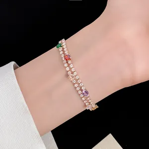 Κομψό επιχρυσωμένο βραχιόλι 18k με διπλή σειρά ζιργκόν και λαμπερούς χρωματιστούς λίθους