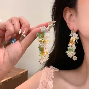 Monet Garden Handmade Flower Beaded Tassel Long Drop Earrings For Women Forest Style Aesthetic Artificial Pearl Sweet Fairy Jewelry