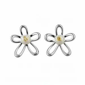 Elegant silver-toned hollow flower stud earrings with white pearl and yellow gem