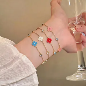 Pulsera de Flores de Acero Inoxidable Zirconia de Lujo para Mujer Elegante Pulsera de Eslabones de Trébol de Esmalte Chapado en Oro Joyería de Moda