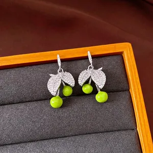 Fresh Zirconia Cherry Apple Stud Earrings With 925 Sterling Silver Earring Post Light Luxury Green Fruit Earrings For Women Jewelry