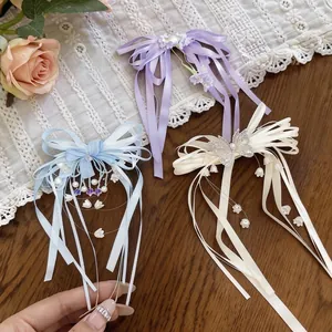 Pinces à cheveux élégantes avec papillon en zircon, rubans de soie et perles, style français
