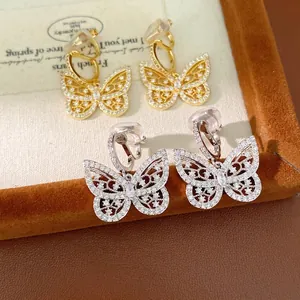 18K Gold Plated Butterfly Clip On Earrings For Women Non Pierced Ears Zirconia Inlaid Hollow Elegant Luxury Jewelry Gift