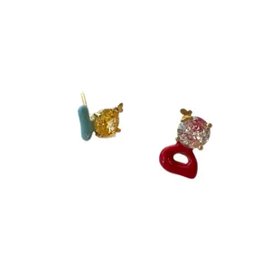 Exquisite asymmetric zircon stud earrings with colorful enamel letters for elegant women
