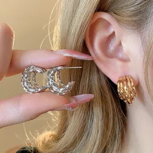 Fashion C-Shaped Twisted Hoop Stud Earrings With 925 Sterling Silver Earring Post 18K Gold Plated Copper Jewelry For Women