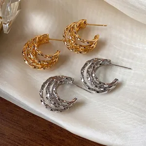 Elegant 18k gold plated C-shaped hoop stud earrings with textured multi-layer design
