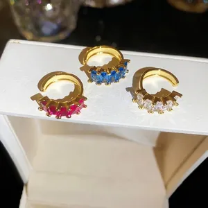 18K gold plated square zircon ear cuffs for non-pierced ears in red, blue and clear