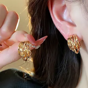 Elegant 18k gold plated C-shape multi-layer twist earrings with silver needle post