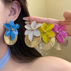 Resort Style Silver Earring Post Drip Oil Flower Pleated Texture Stud Earrings For Women Sweet Niche Design Fashion Jewelry