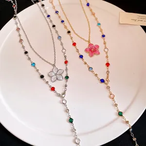 Retro palace style crystal beaded necklace with colorful stones and enamel flower pendant