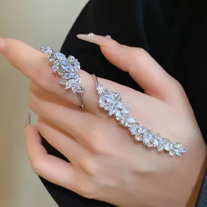 Elegant marquise cubic zirconia leaf open ring in silver tone fashion hand jewelry