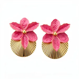 Elegant rose pink enamel flower stud earrings with golden pleated fan design for women
