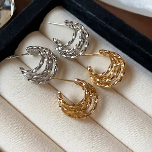 Elegant 18k gold plated C-shaped multi-layered hoop earrings set in display case