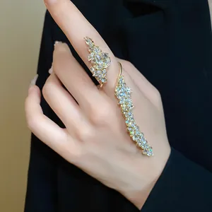 Elegant vintage gold-tone leaf open ring featuring shimmering marquise zircon crystals for women
