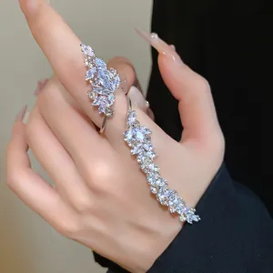 Elegant silver-toned marquise CZ leaf open ring for women with vintage sparkle detail