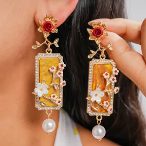 Boucles d'Oreilles Pendantes Carrées en Résine Vintage avec Strass et Perles Artificielles pour Femmes Bijoux de Style Palais