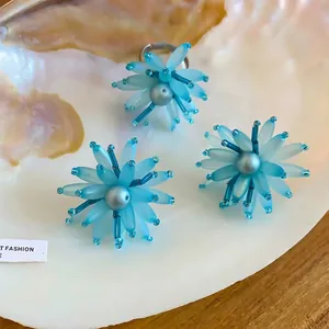 Blau Acryl Blume Schmuckset Mit Künstliche Perle Ohrringe Und Offener Ring Für Damen Sommer Süß Mode Accessoires