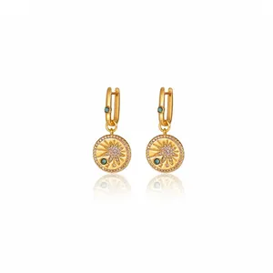 Vintage 18K gold plated zircon round sunburst pendant hoop earrings for women