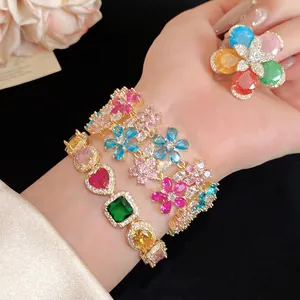 18K Gold Plated Multicolor Zirconia Flower Open Ring Adjustable Colorful Gemstone Bracelet Fashion Luxury Hand Jewelry For Women
