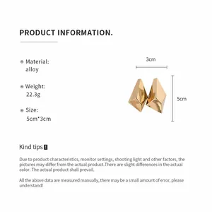Detailed product info for geometric faceted gold alloy stud earrings with measurements