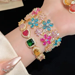 Elegant 18k gold plated bracelet with colorful zircon flowers and heart-shaped gemstones