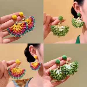 Handmade Raffia Fan Shaped Stud Earrings Bohemian Resort Style Woven Drop Earrings For Women Beach Vacation Jewelry