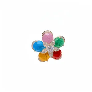 Elegant 18k gold plated open flower ring with colorful cubic zirconia for women fashion
