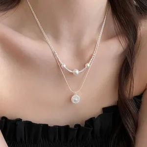 Zirconia North Star Pearl Pendant Necklace For Women Double Layered Silver Plated Alloy Collarbone Chain Fashion Jewelry Gift