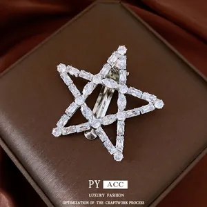 Retro silver pentagram hair clip with sparkling zircons for women, elegant star hair accessory