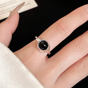 Vintage oval black stone open ring with silver finish for women minimalist jewelry