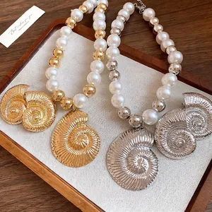 Collar de Colgante de Concha de Aleación de Perla Artificial de Estilo Corte Retro Cadena de Clavícula de Nautilo para Joyería de Mujer