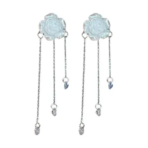 French style white acrylic flower drop earrings with silver tassels and crystals.