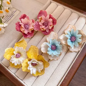 Pendientes de Botón de Flor para Mujer Pendientes Florales de Tela Con Poste de Plata Joyería de Vacaciones de Verano