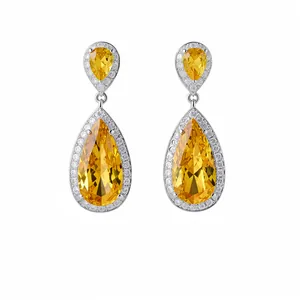 Eleganti orecchini pendenti in zirconia gialla a goccia con perno in argento, gioielli di lusso.