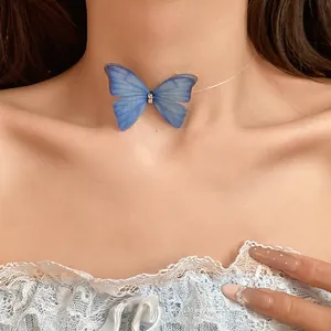 Elegant blue butterfly choker necklace with invisible line design for stylish women