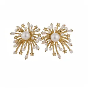 Elegant gold firework stud earrings with white pearls and dazzling zircon crystal stones