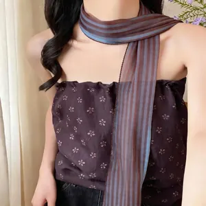Minimalist striped neck scarf accessory for women, elegant brown and blue pattern