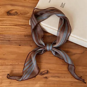 Minimalist brown and blue striped chiffon neckerchief, elegant women's neck accessory.