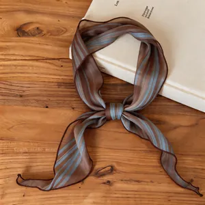 Detailed view of a brown and blue striped semi-sheer skinny scarf on a wooden surface.