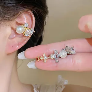French Style Copper Rhinestone Artificial Pearl Ear Cuff For Women Luxury Double Layer T-Shaped Non Piercing Earrings Jewelry