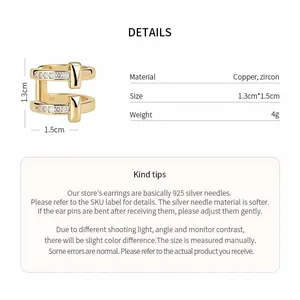Detailed technical specification for gold-plated zircon double ear cuff featuring T design