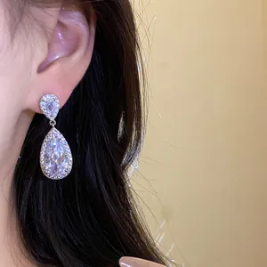 Vista dettagliata di orecchini pendenti in zircone argento su un modello di orecchio