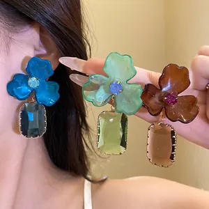 Luxury Acrylic Flower Pendant Earrings With 925 Sterling Silver Post Rhinestone Glass Inlaid Fashion Jewelry For Women