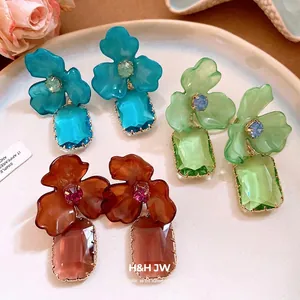 Elegant vintage acrylic flower drop earrings with colorful rectangular crystal pendants.