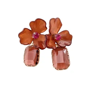 Elegant amber acrylic flower drop earrings with faceted brown gemstone